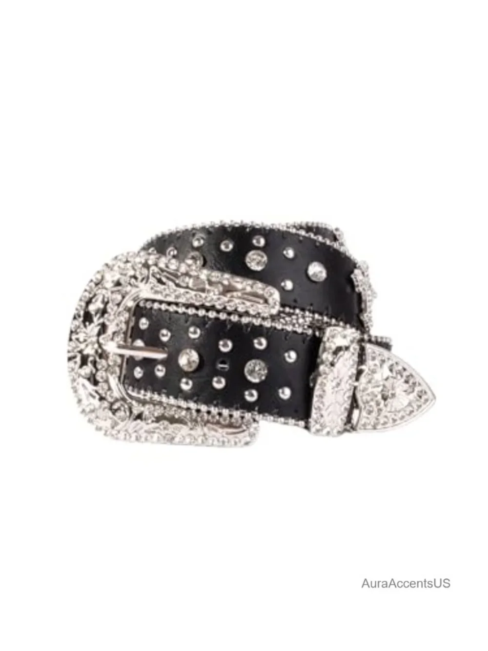 Rhinestone Western Belt - Faux Leather Cowgirl Cowboy Belt with Cross Design